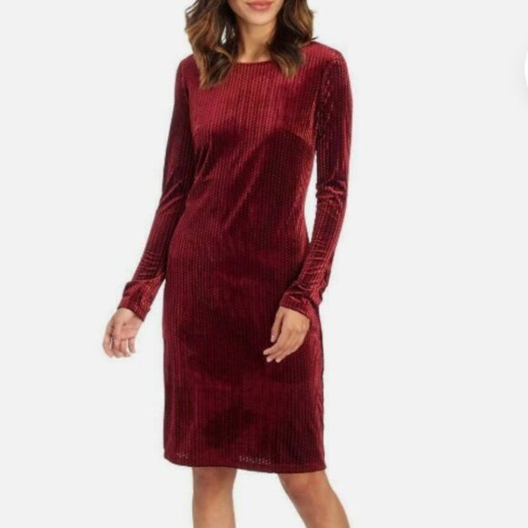 TAHARI Dark RED VELVET SHEATH DRESS Lined Stretchy Long Sleeve Large - Picture 1 of 8